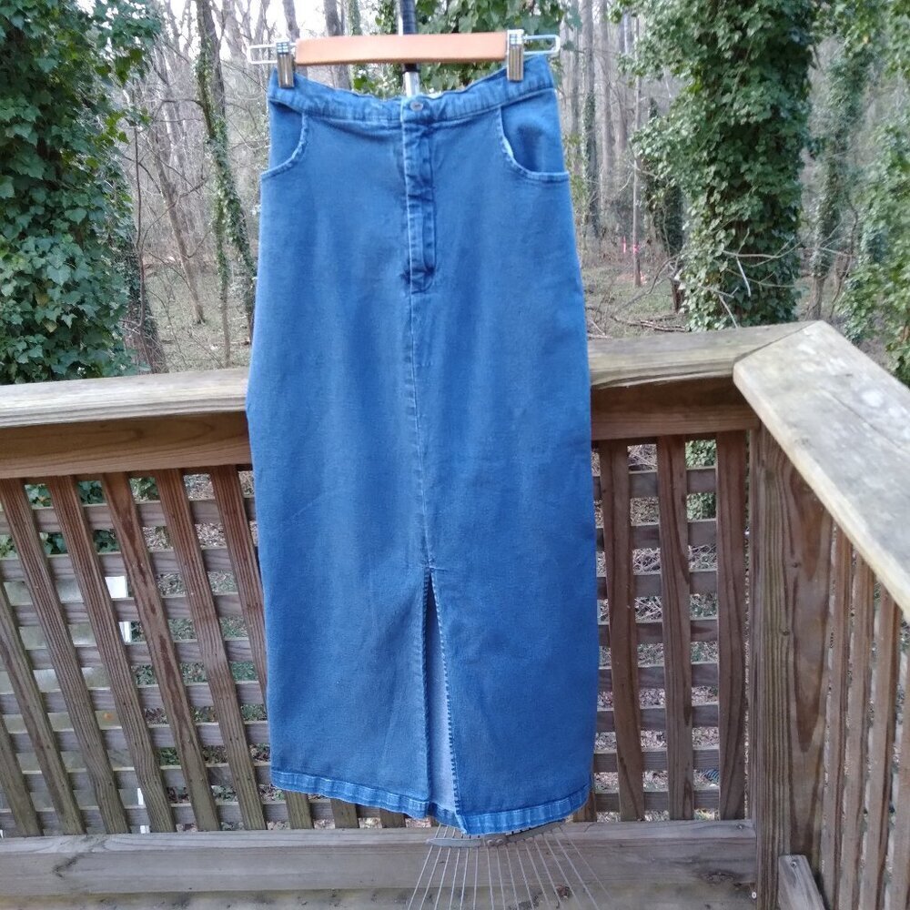 Vintage Mid Wash Denim Skirt Maxi Zip Front Pockets & Slit Elastic Back Sz S